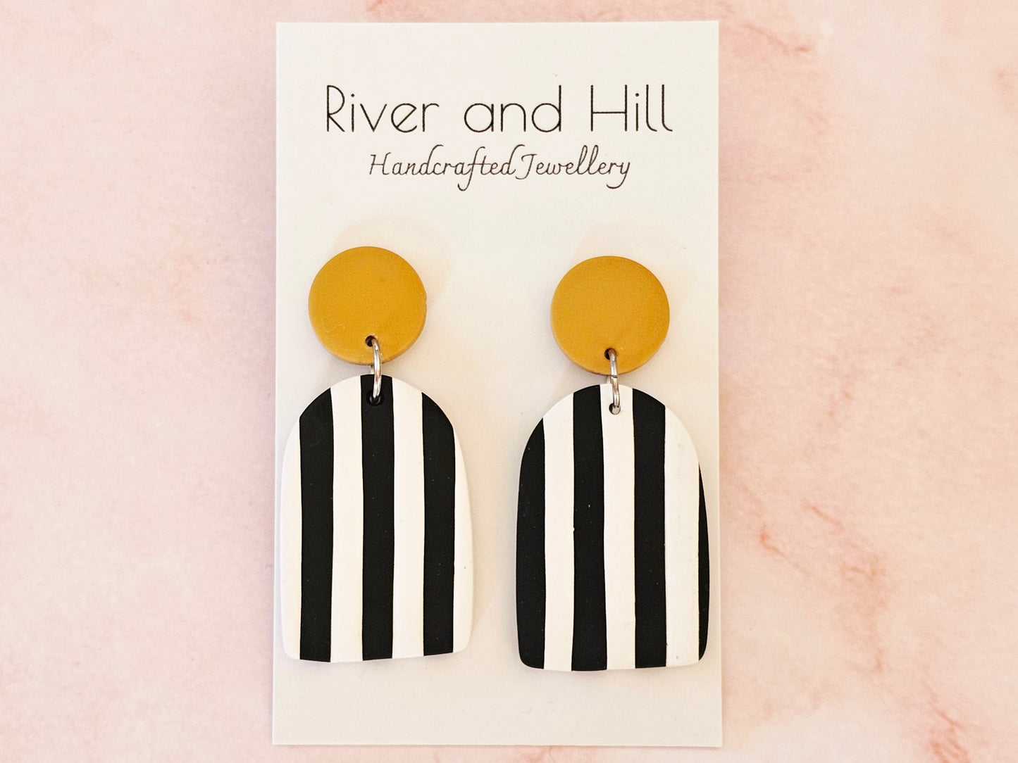 Striped Statement Earrings Black, White and Mustard