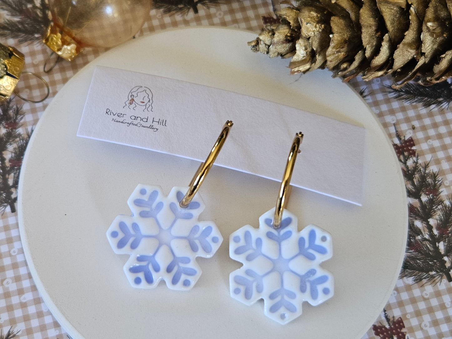 Christmas Porcelain Look Snowflake Hoop Earrings