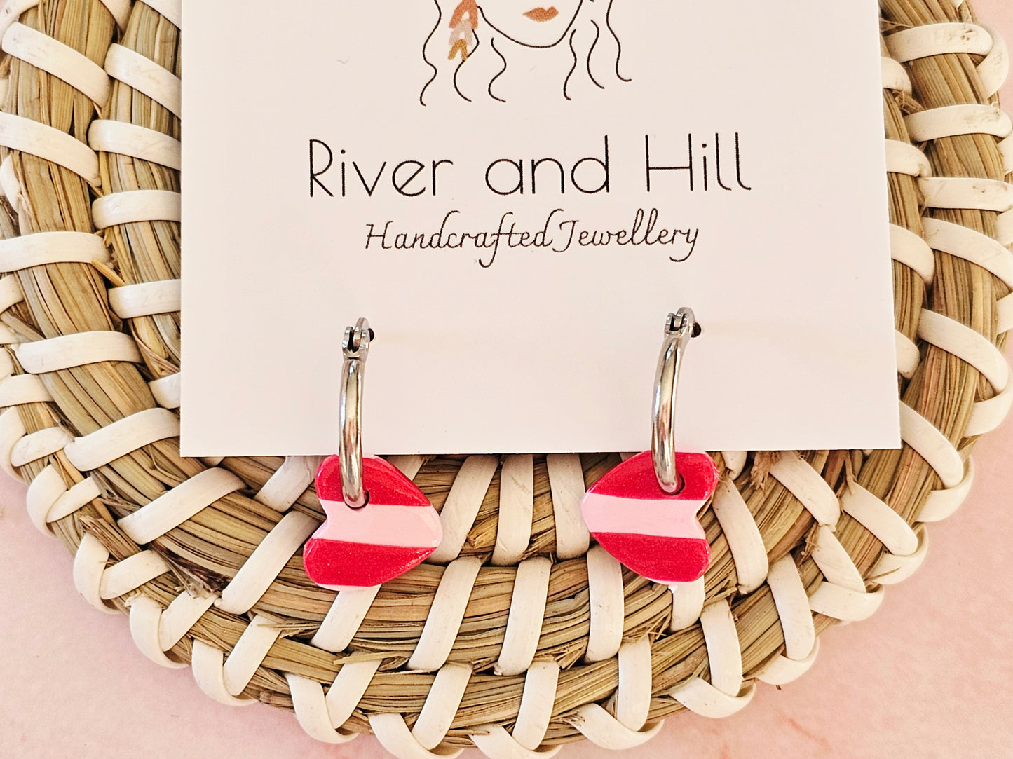 Striped Hoop Heart Earrings Pink and Red