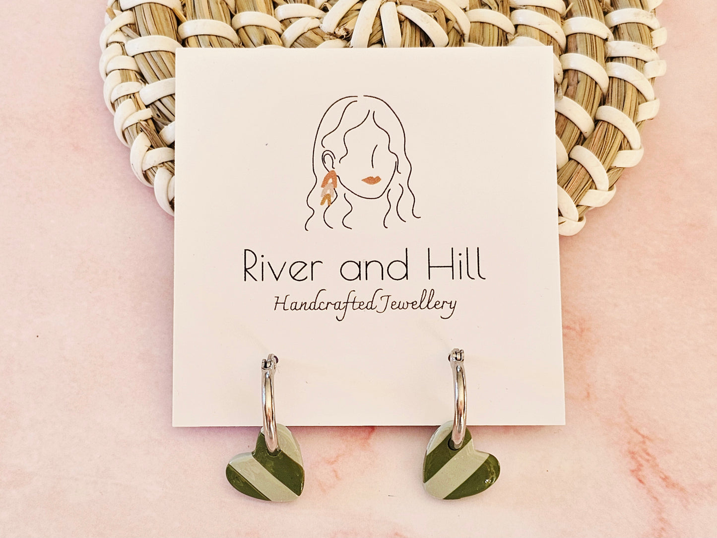 Striped Hoop Heart Earrings Olive and Sage Green