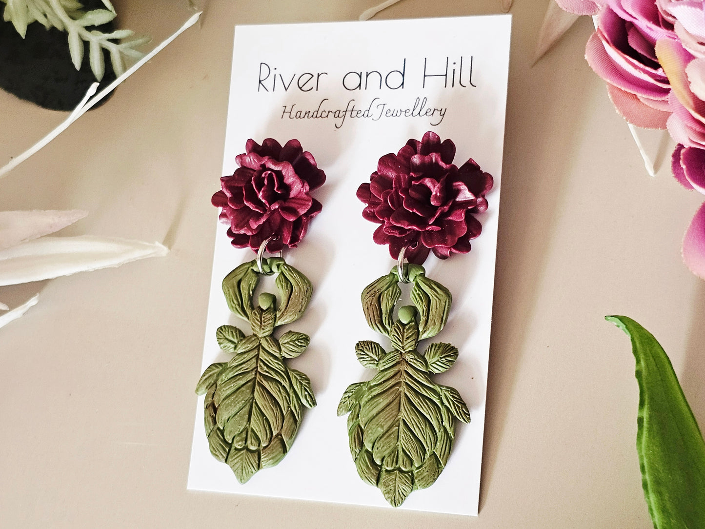 Leaf Insect & Carnation Earrings