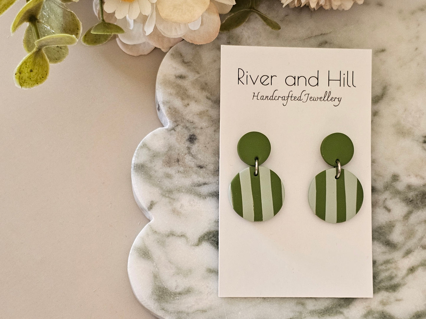 Striped Earrings Olive and Sage Green