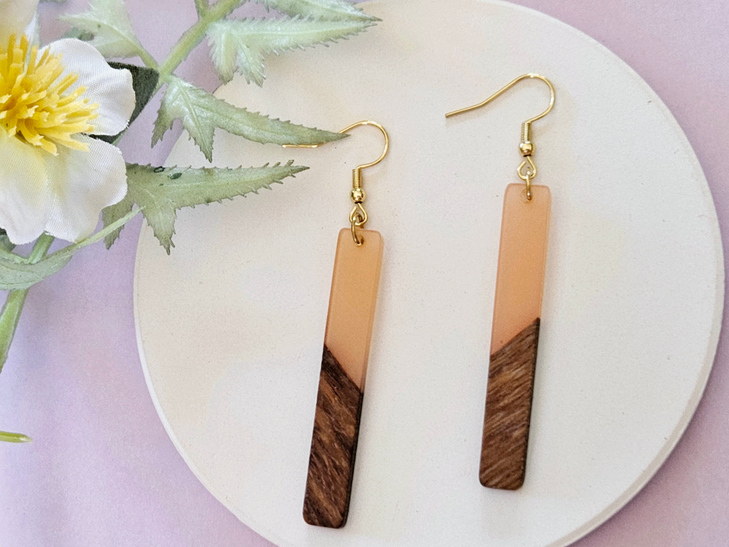 Wood and Resin Bar Gold Hook Earrings