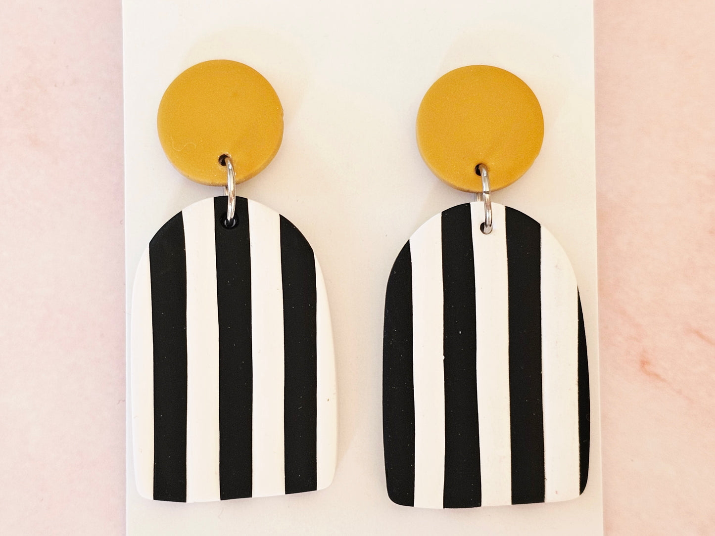 Striped Statement Earrings Black, White and Mustard