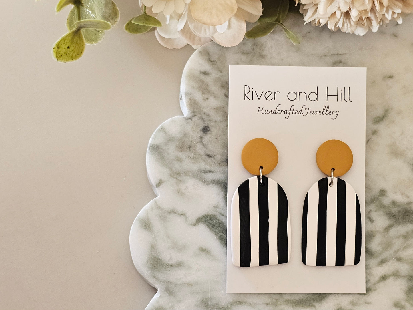 Striped Statement Earrings Black, White and Mustard