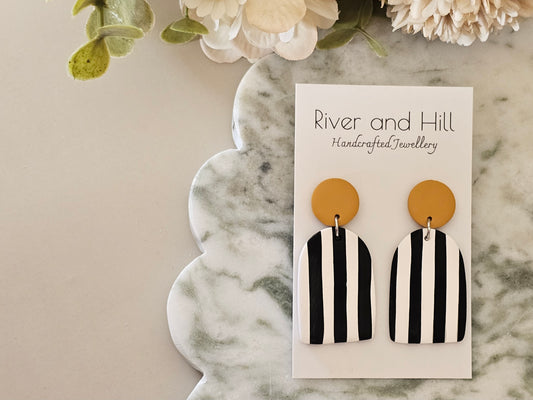 Striped Statement Earrings Black, White and Mustard