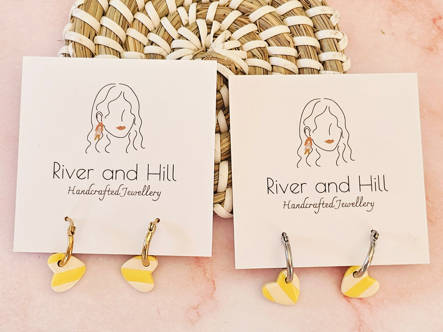 Striped Hoop Heart Earrings Yellow