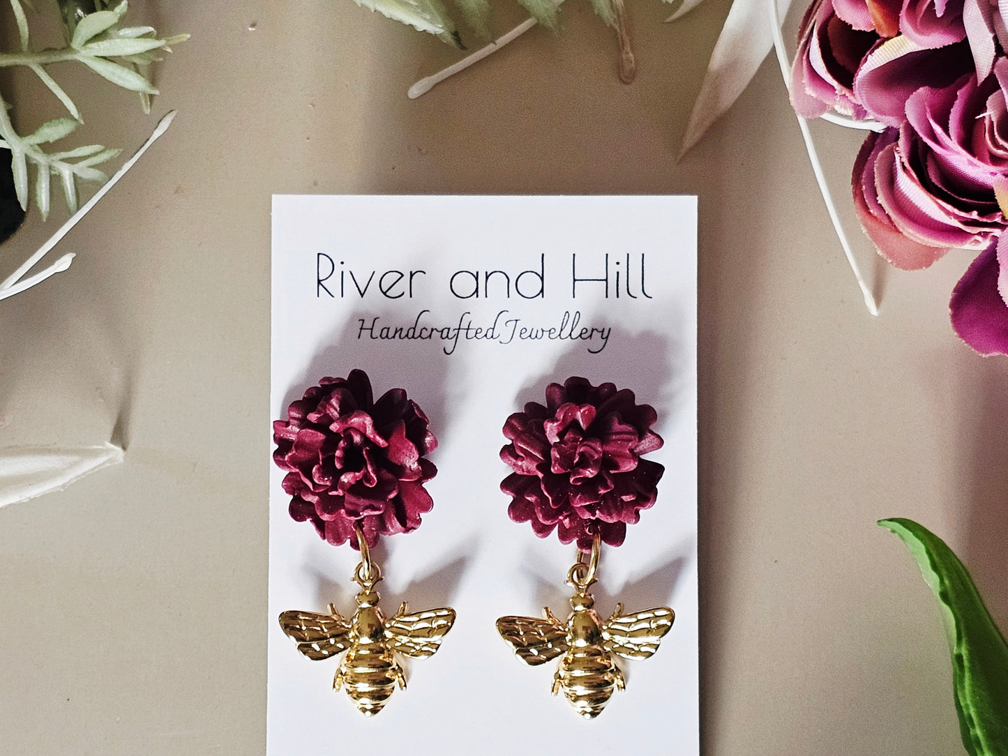 Carnation and Bee Charm Gold Earrings