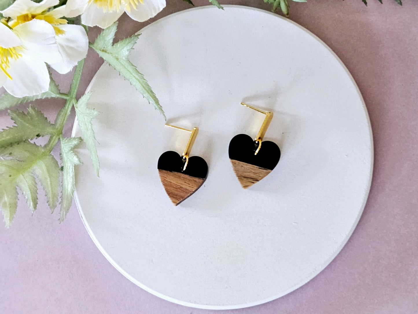 Wood and Resin Monochrome Heart Earrings