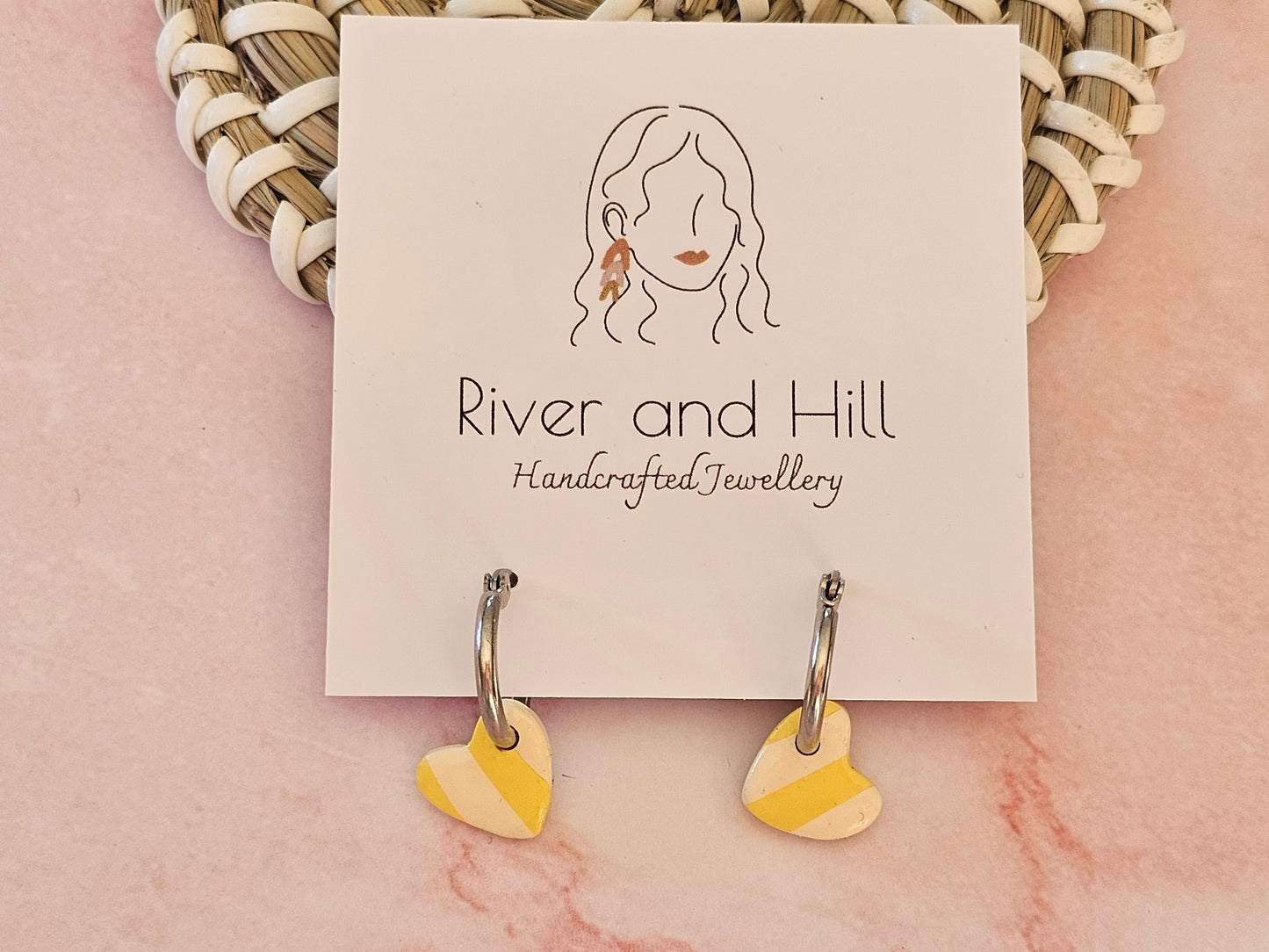 Striped Hoop Heart Earrings Yellow