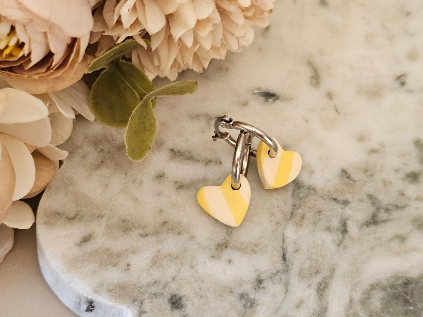 Striped Hoop Heart Earrings Yellow