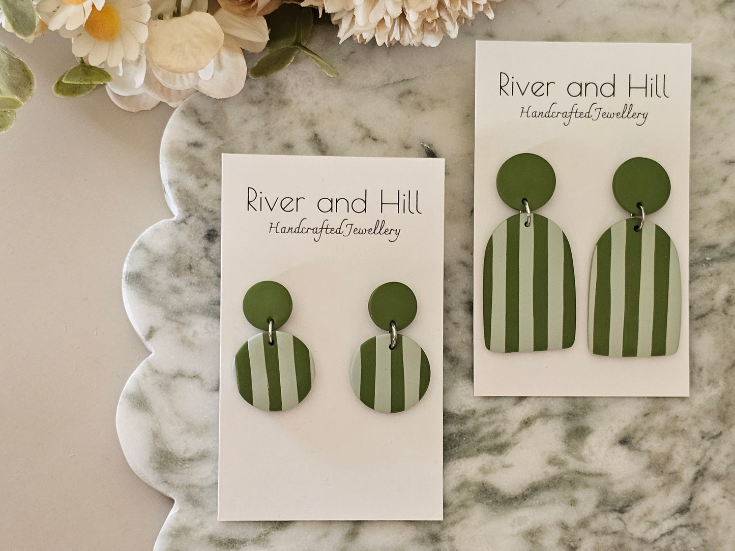 Striped Earrings Olive and Sage Green