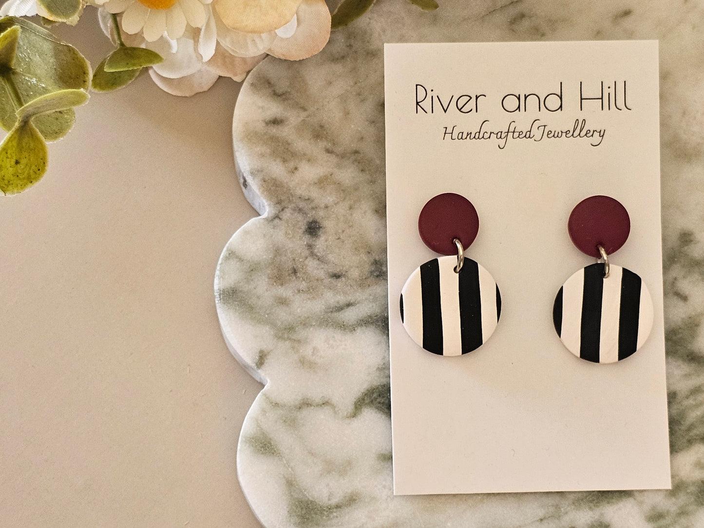 Striped Earrings Black, White and Burgundy