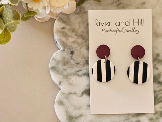 Striped Earrings Black, White and Burgundy