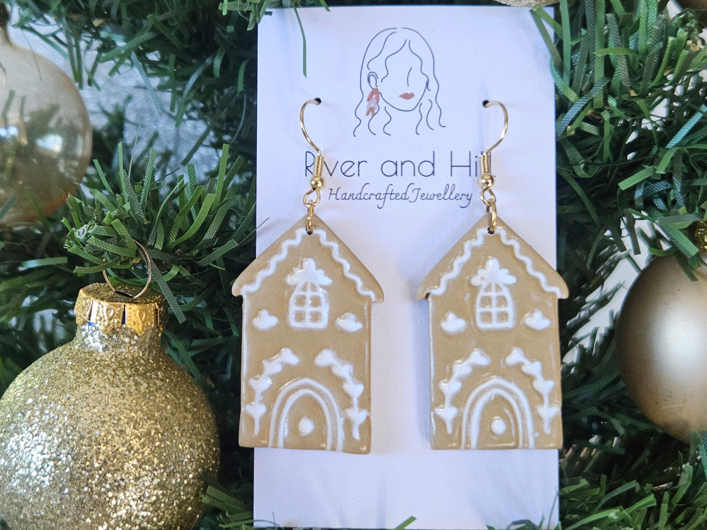 Christmas Folk Gingerbread House Hook Earrings