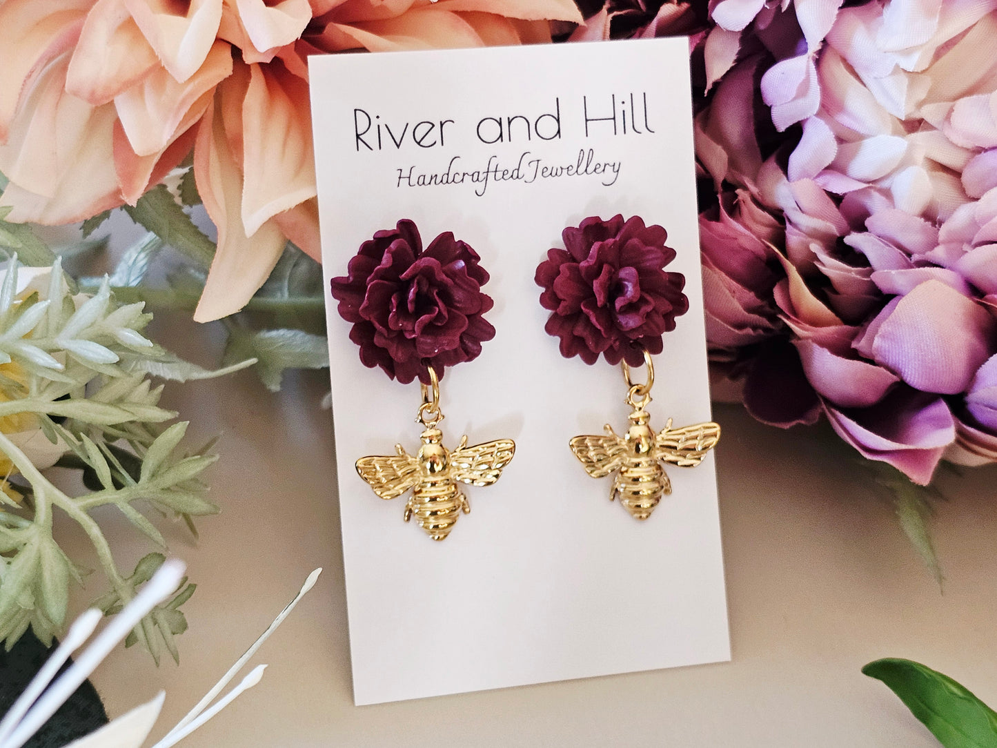 Carnation and Bee Charm Gold Earrings