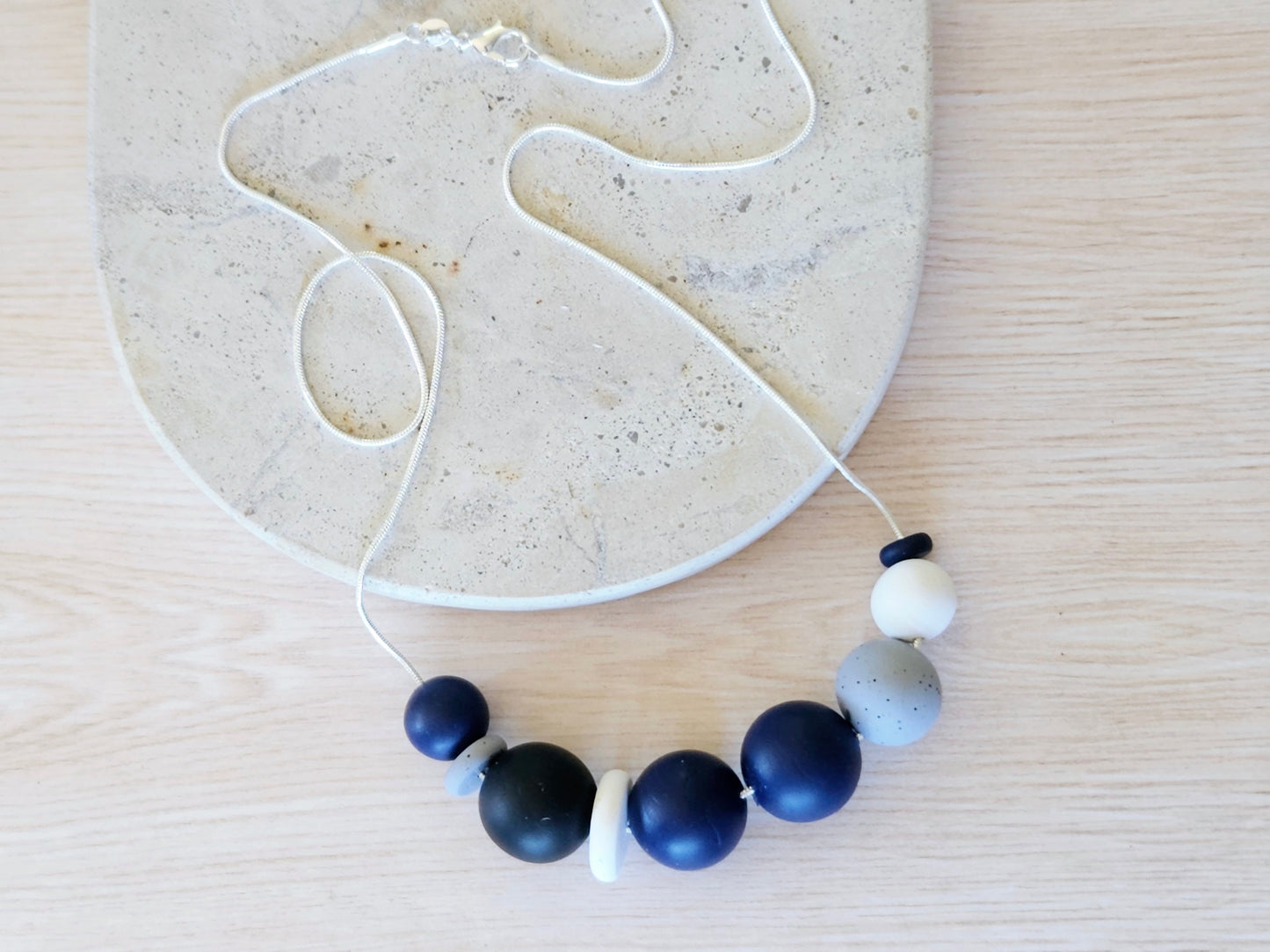 Contemporary Long Statement Sterling Silver Necklace Navy