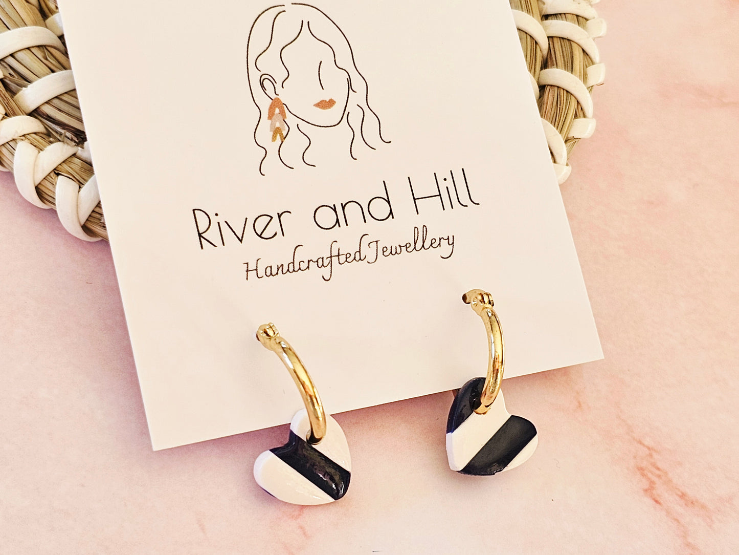 Striped Hoop Heart Earrings Navy and White