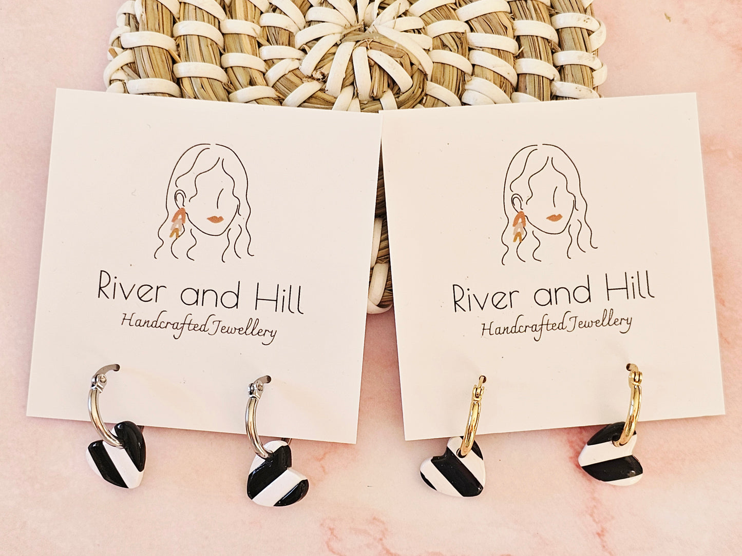 Striped Hoop Heart Earrings Black and White