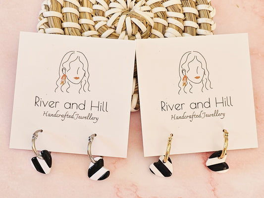 Striped Hoop Heart Earrings Black and White