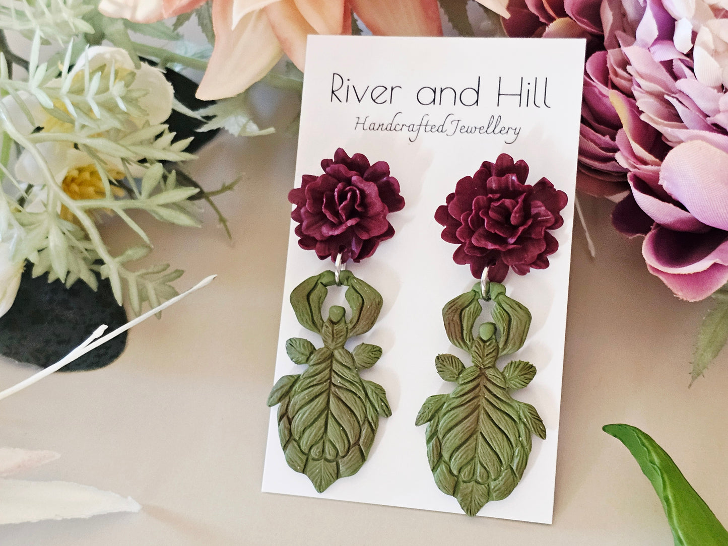 Leaf Insect & Carnation Earrings