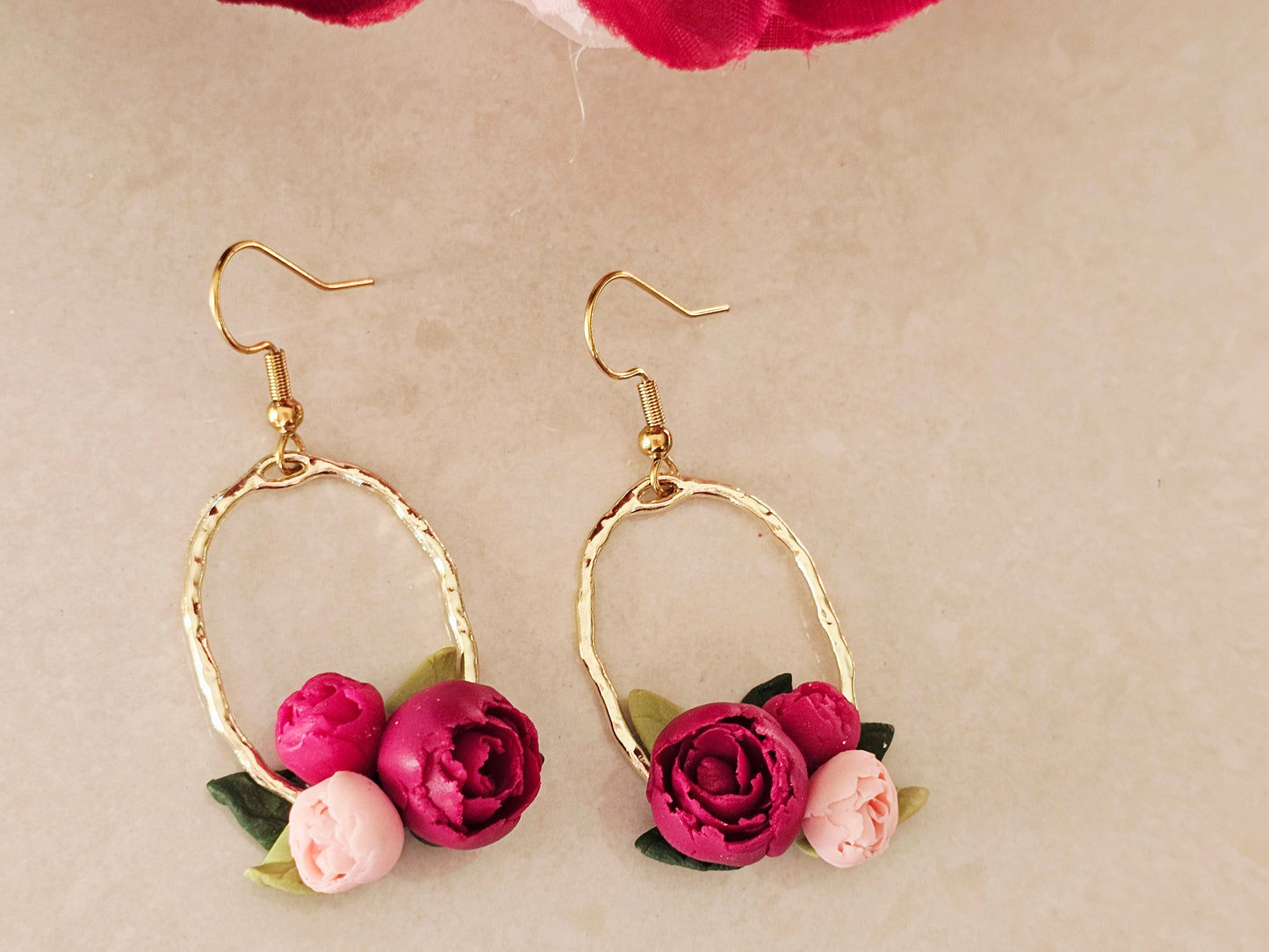Peonies Gold Oval Bouquet Earrings