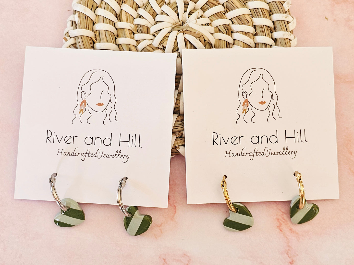 Striped Hoop Heart Earrings Olive and Sage Green