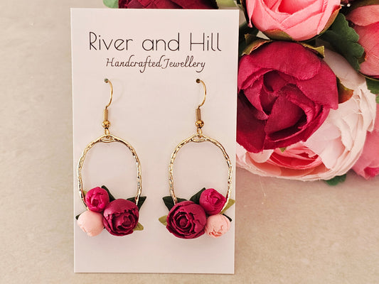 Peonies Gold Oval Bouquet Earrings