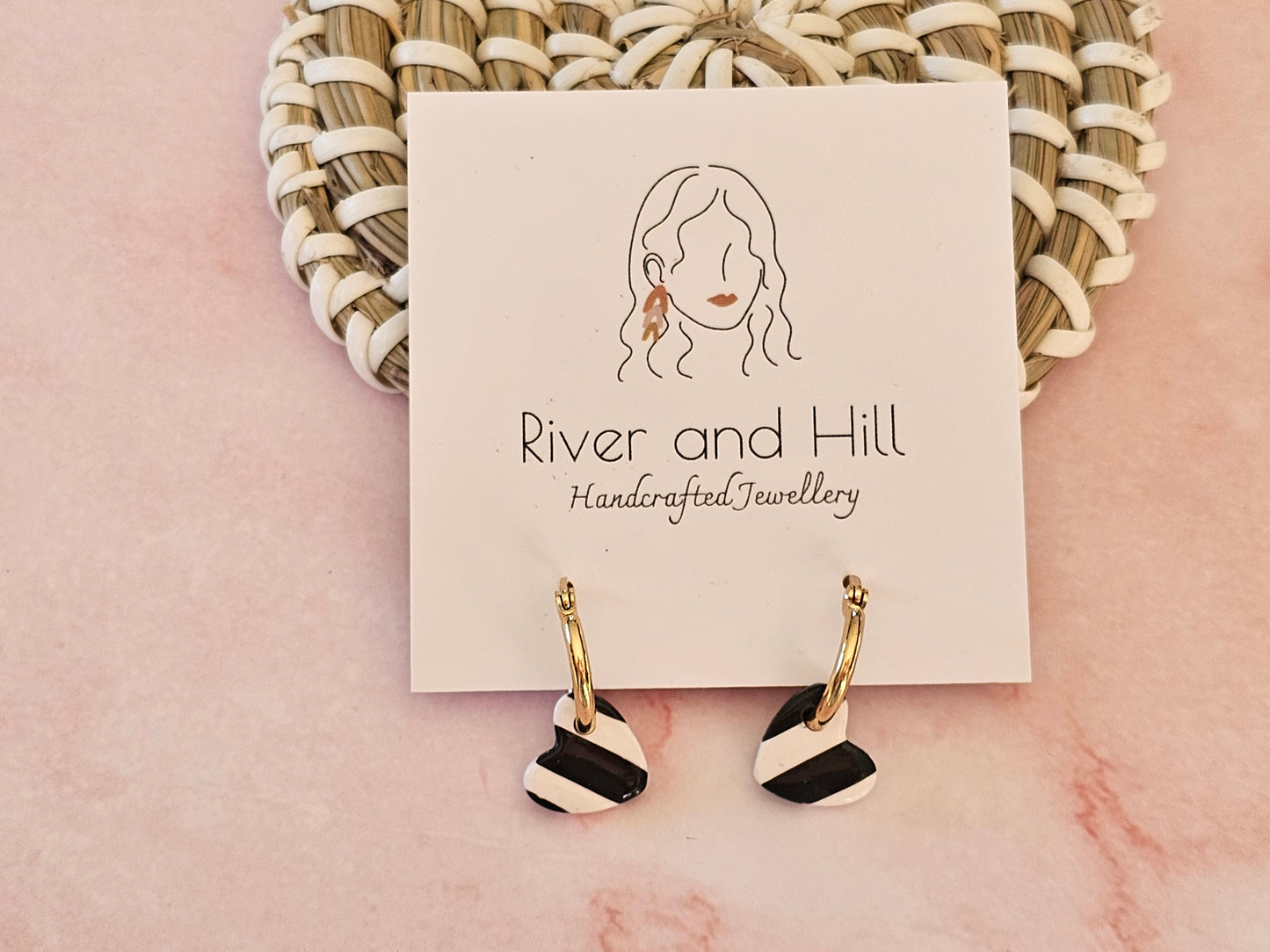 Striped Hoop Heart Earrings Black and White