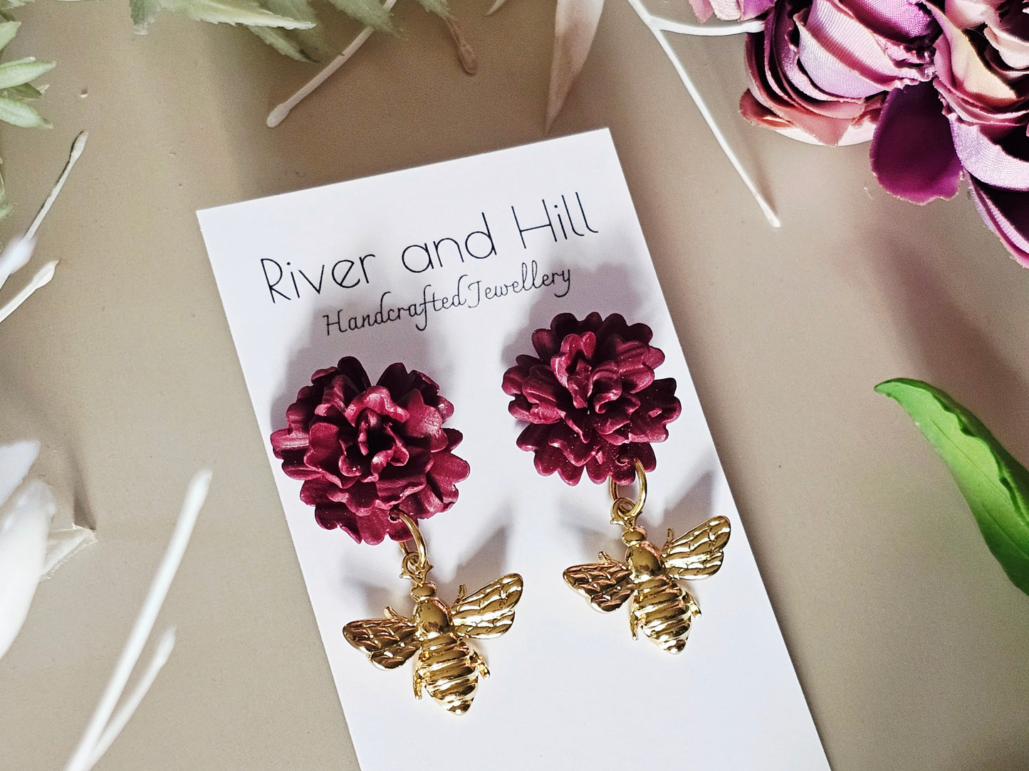 Carnation and Bee Charm Gold Earrings