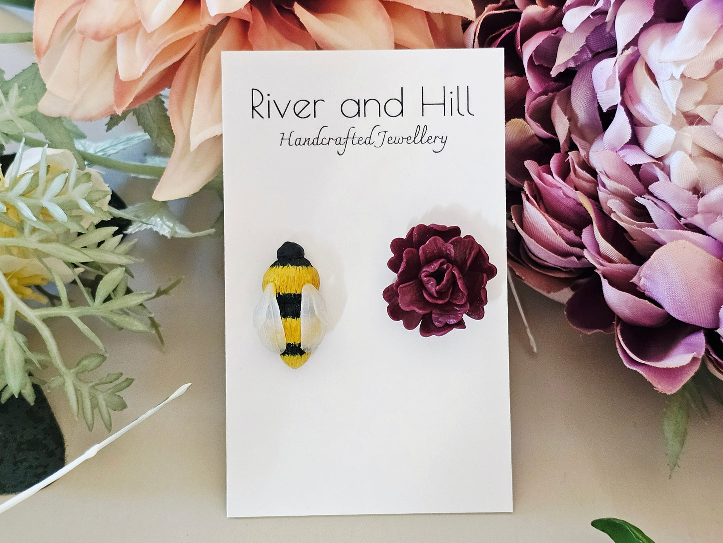 Carnation and Bumble Bee Earrings