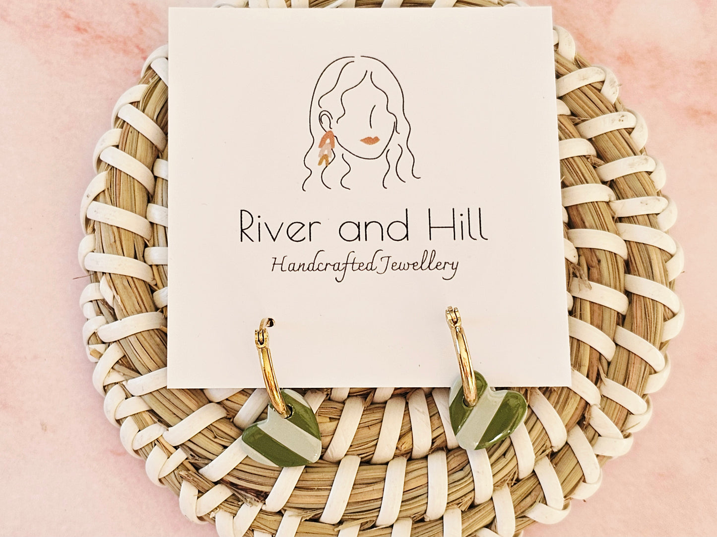 Striped Hoop Heart Earrings Olive and Sage Green