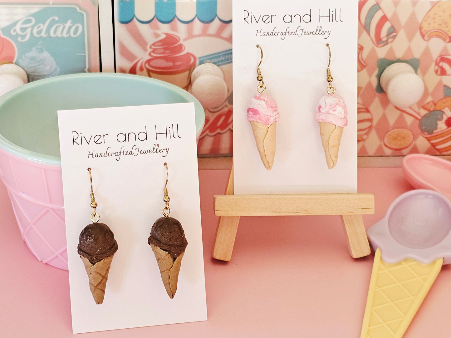 Ice Cream Cone Strawberry Swirl Earrings