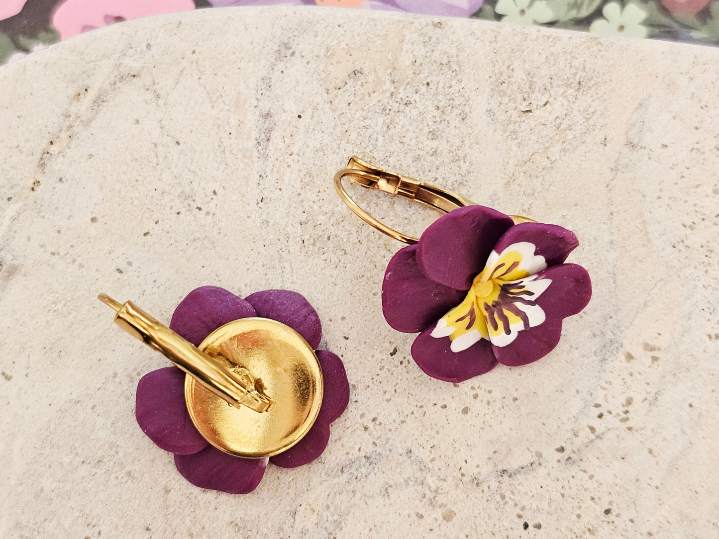 Pansy French Hook Purple Earrings