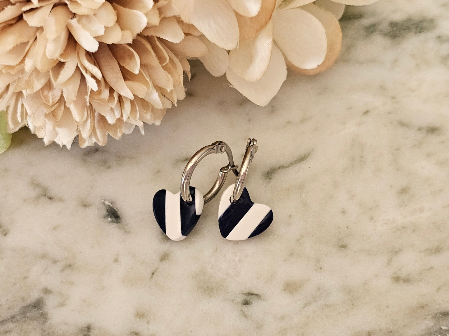 Striped Hoop Heart Earrings Navy and White