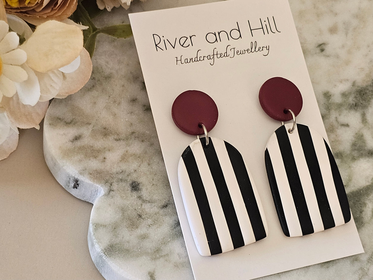 Striped Statement Earrings Black, White and Burgundy