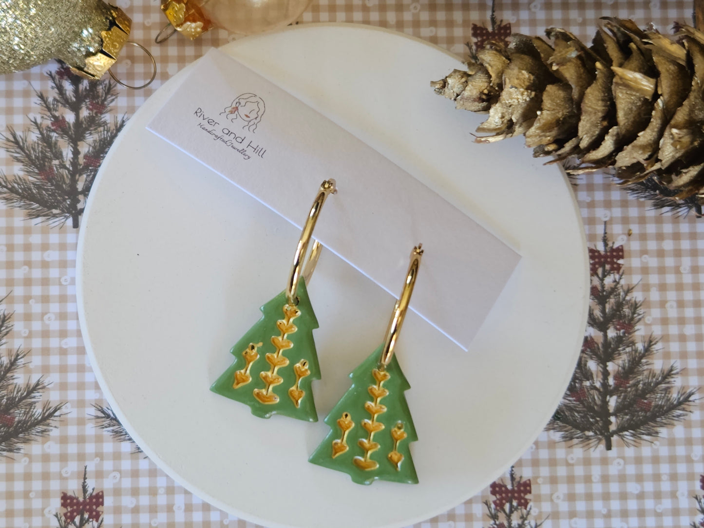 Christmas Folk Tree Hoop Earrings