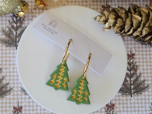 Christmas Folk Tree Hoop Earrings