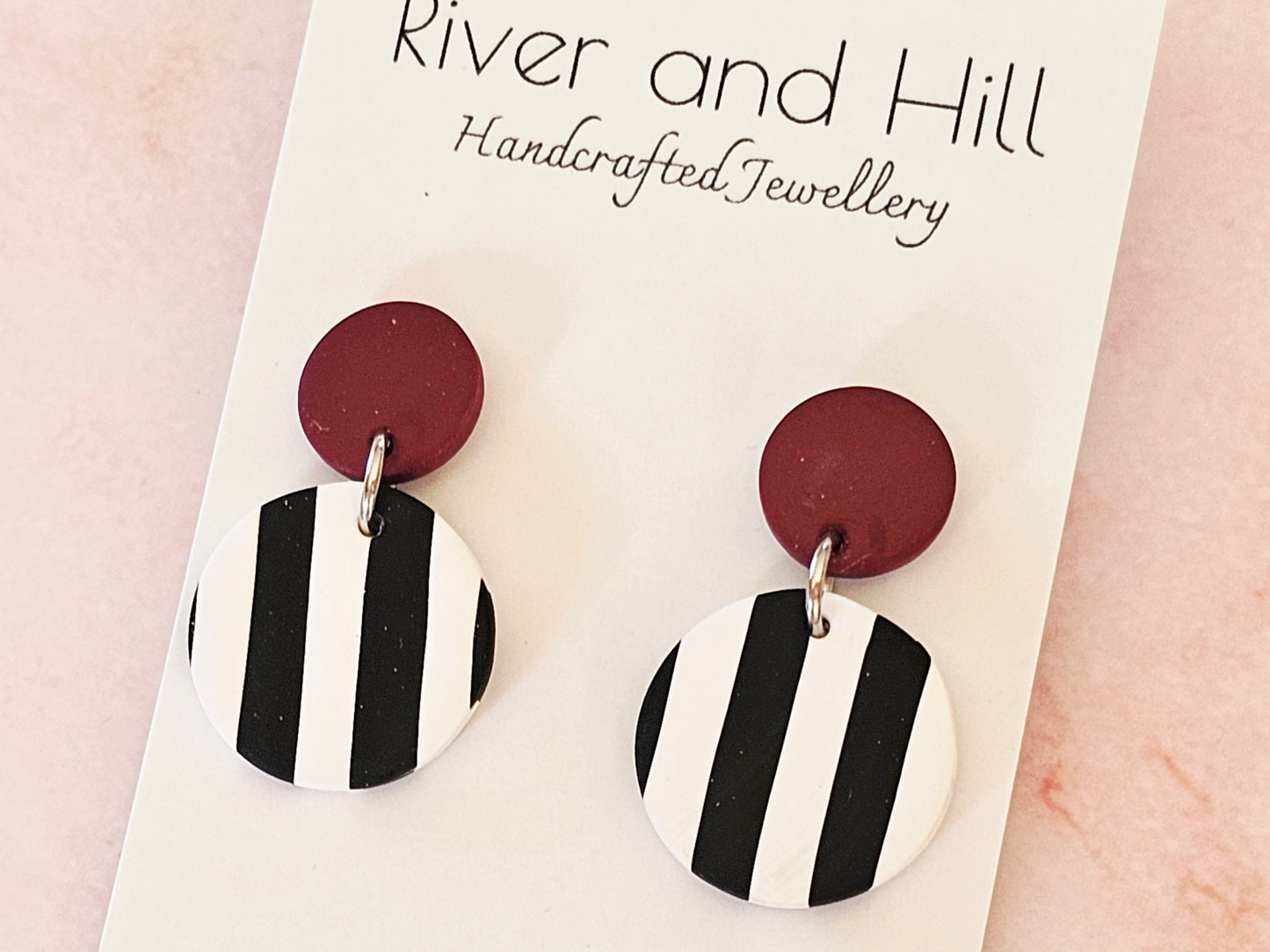 Striped Earrings Black, White and Burgundy