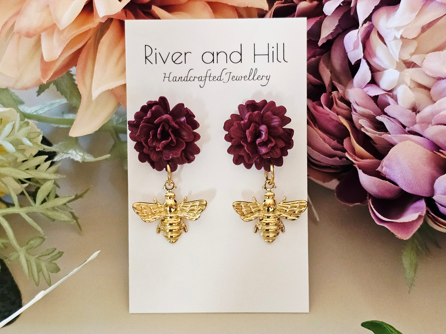 Carnation and Bee Charm Gold Earrings