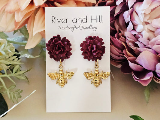 Carnation and Bee Charm Gold Earrings