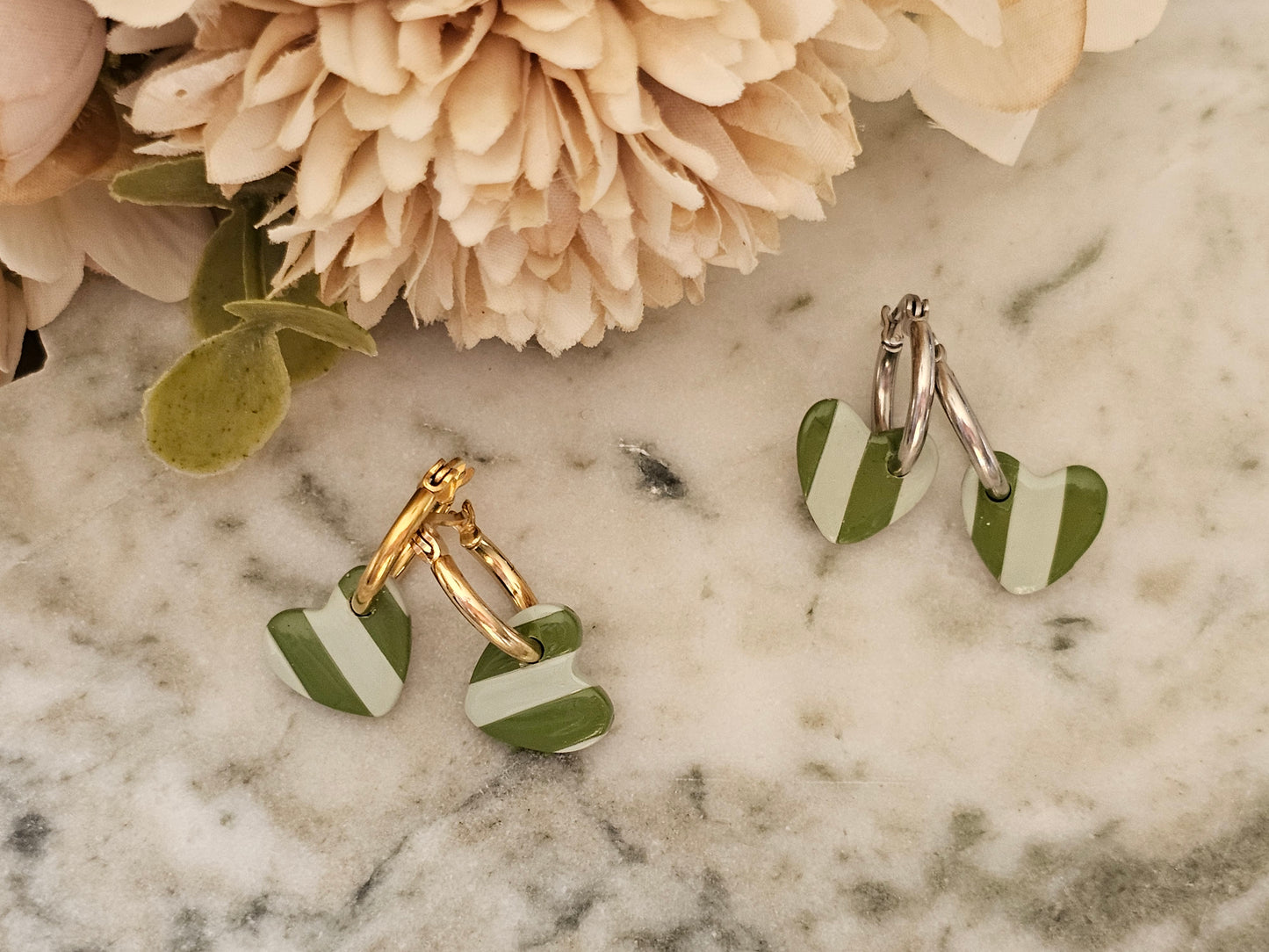 Striped Hoop Heart Earrings Olive and Sage Green
