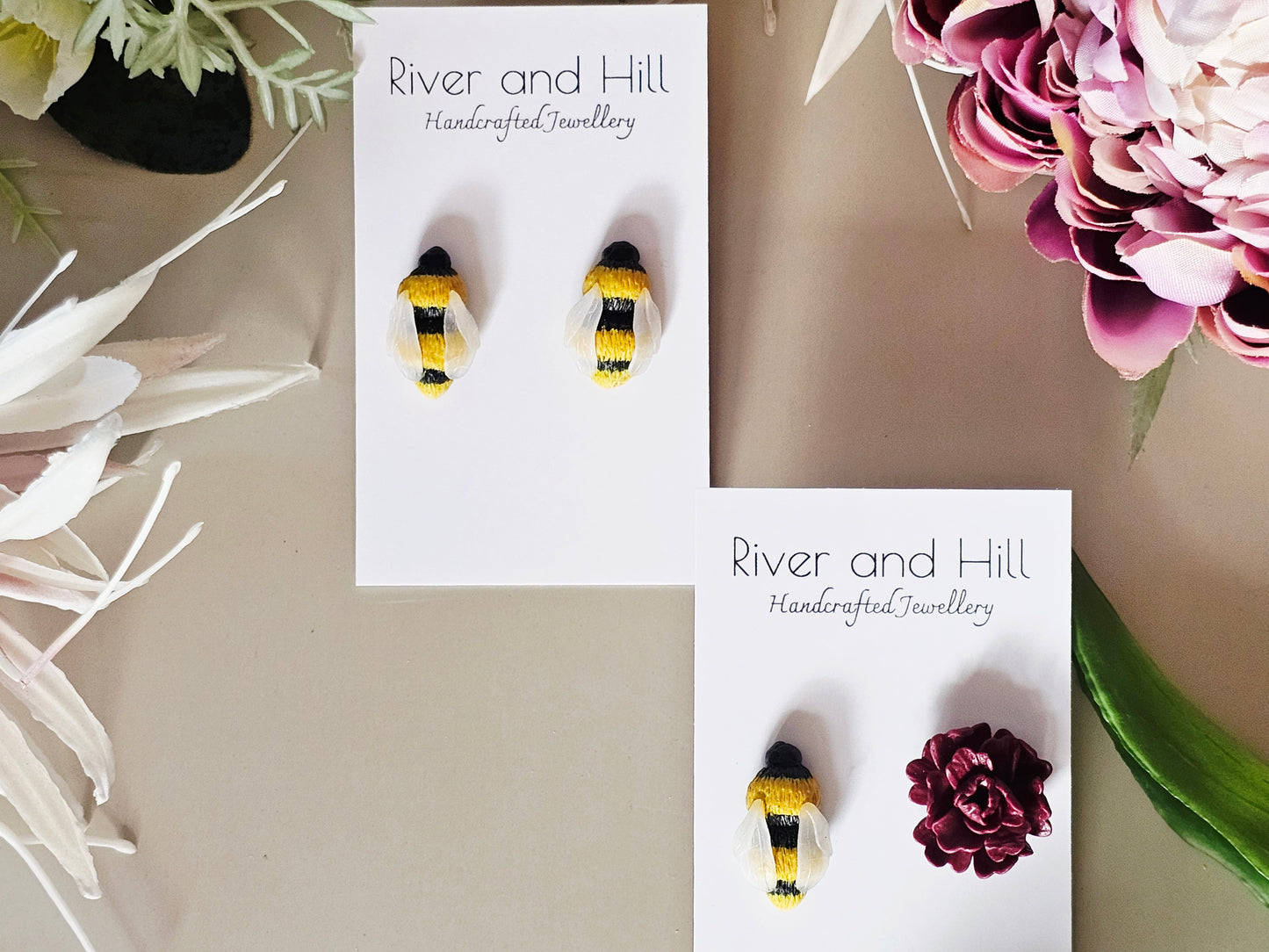 Carnation and Bumble Bee Earrings