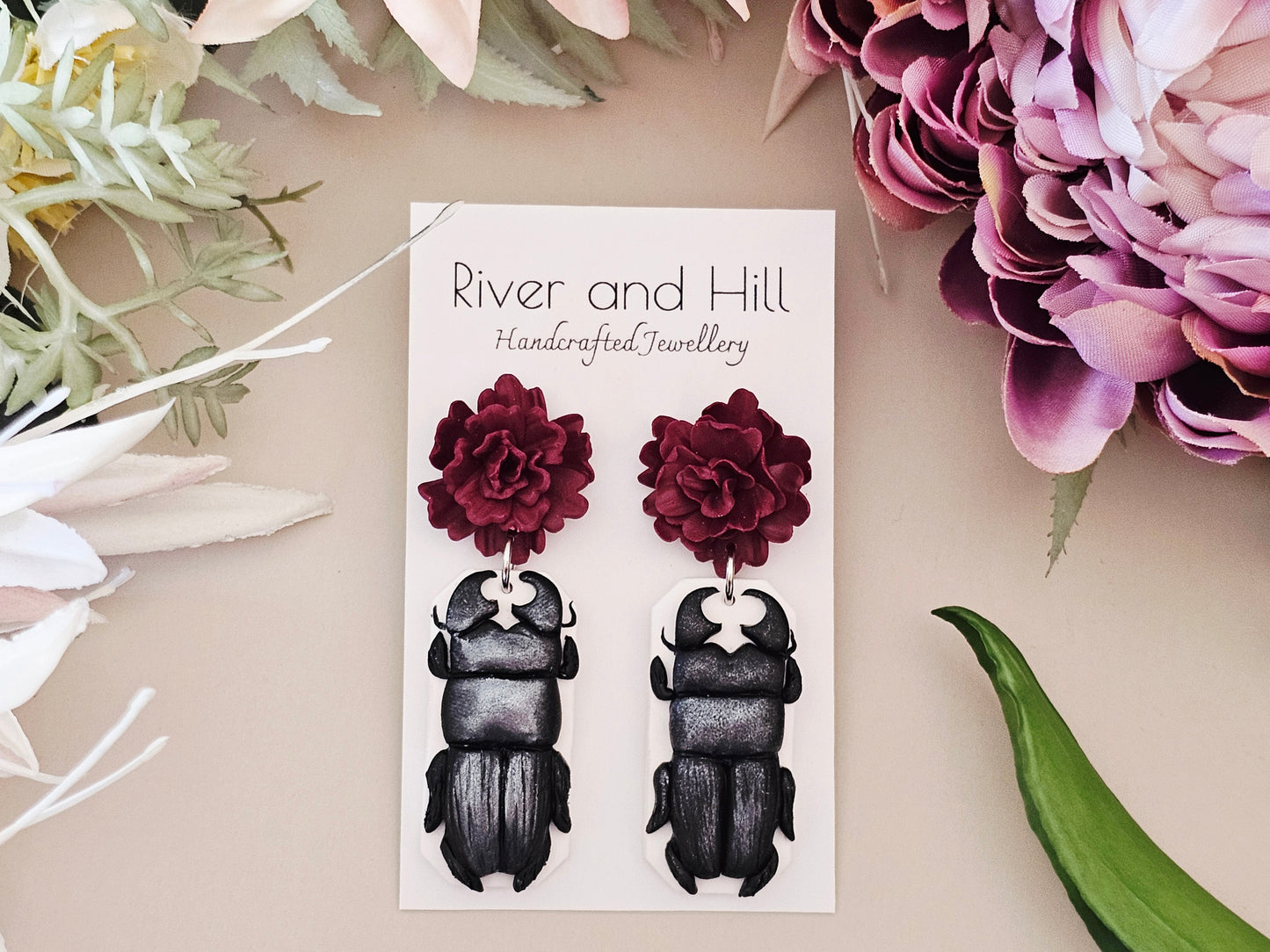 Stag Beetle & Carnation Earrings