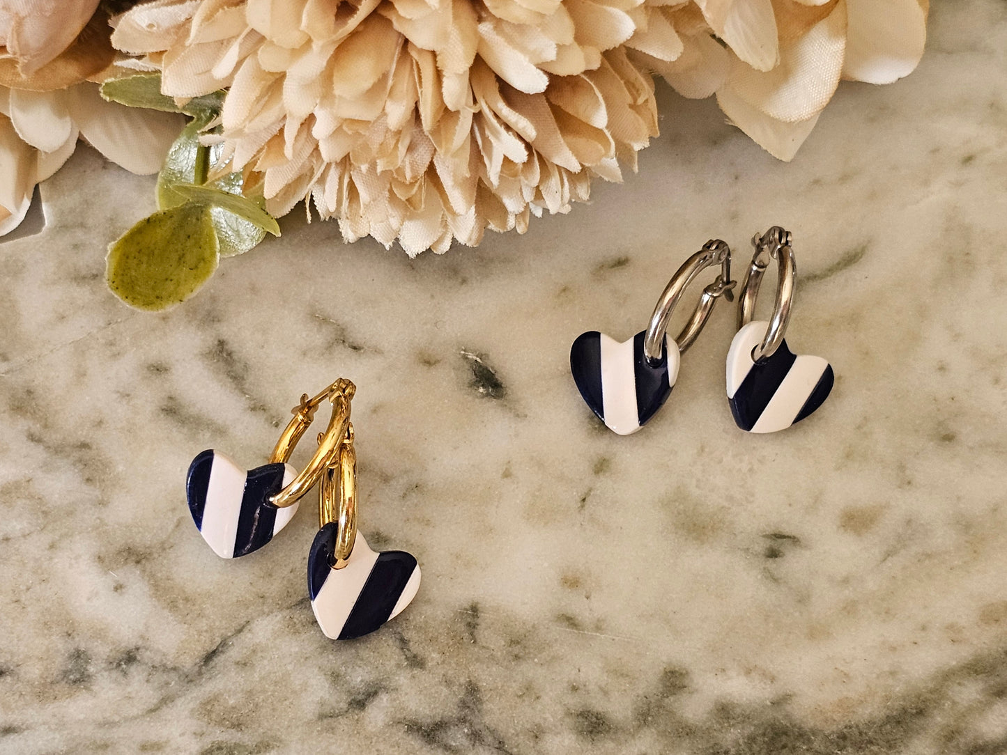 Striped Hoop Heart Earrings Navy and White