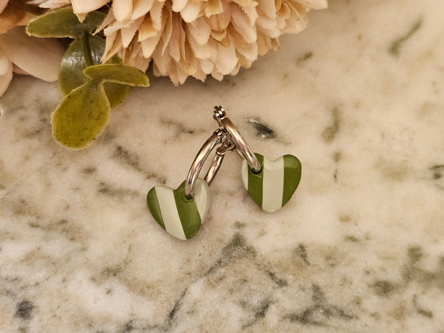 Striped Hoop Heart Earrings Olive and Sage Green