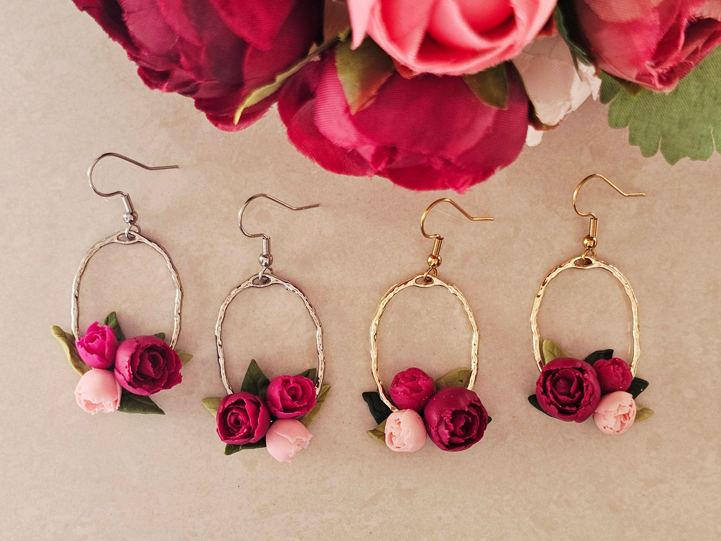 Peonies Gold Oval Bouquet Earrings