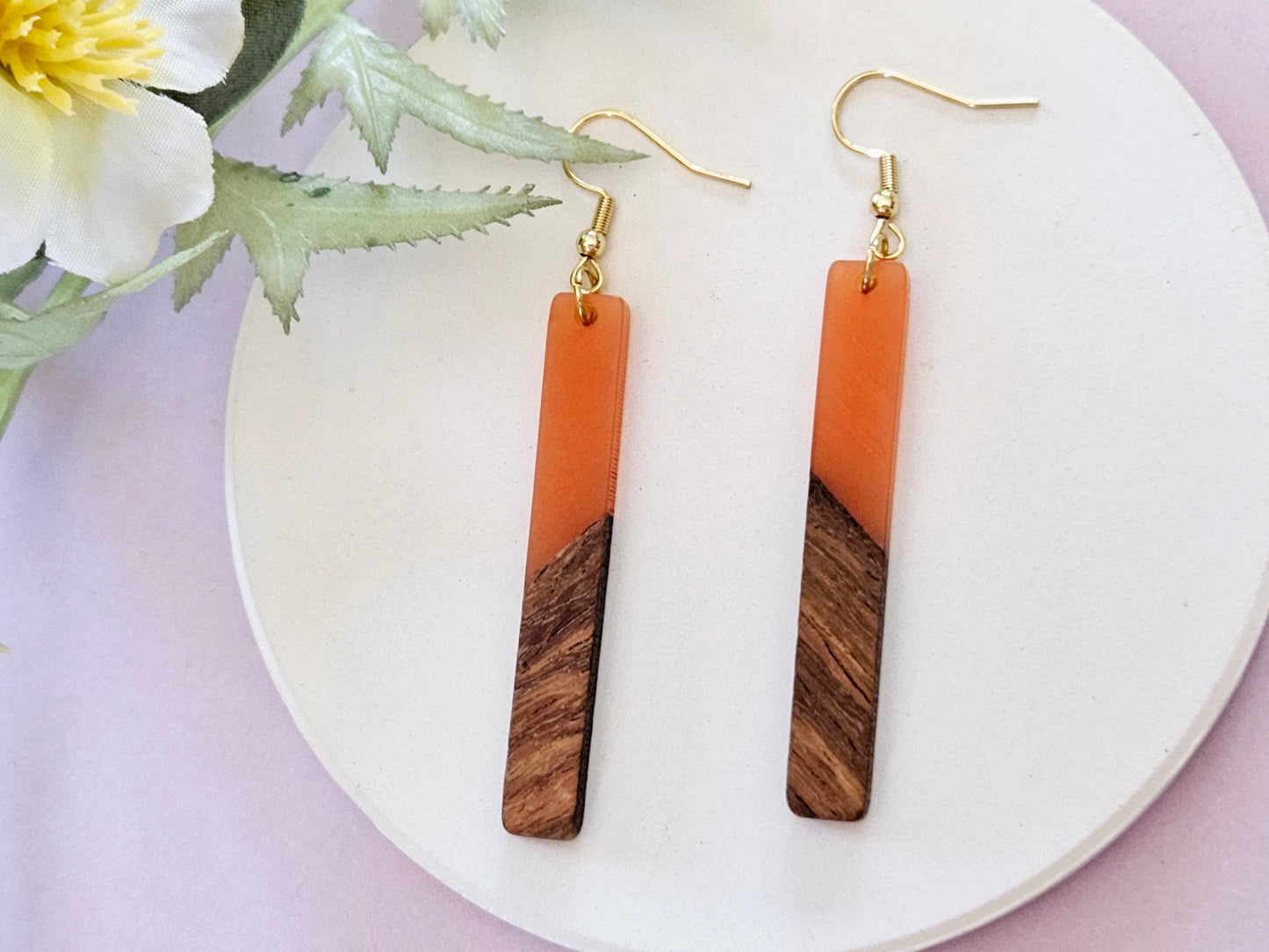 Wood and Resin Bar Gold Hook Earrings