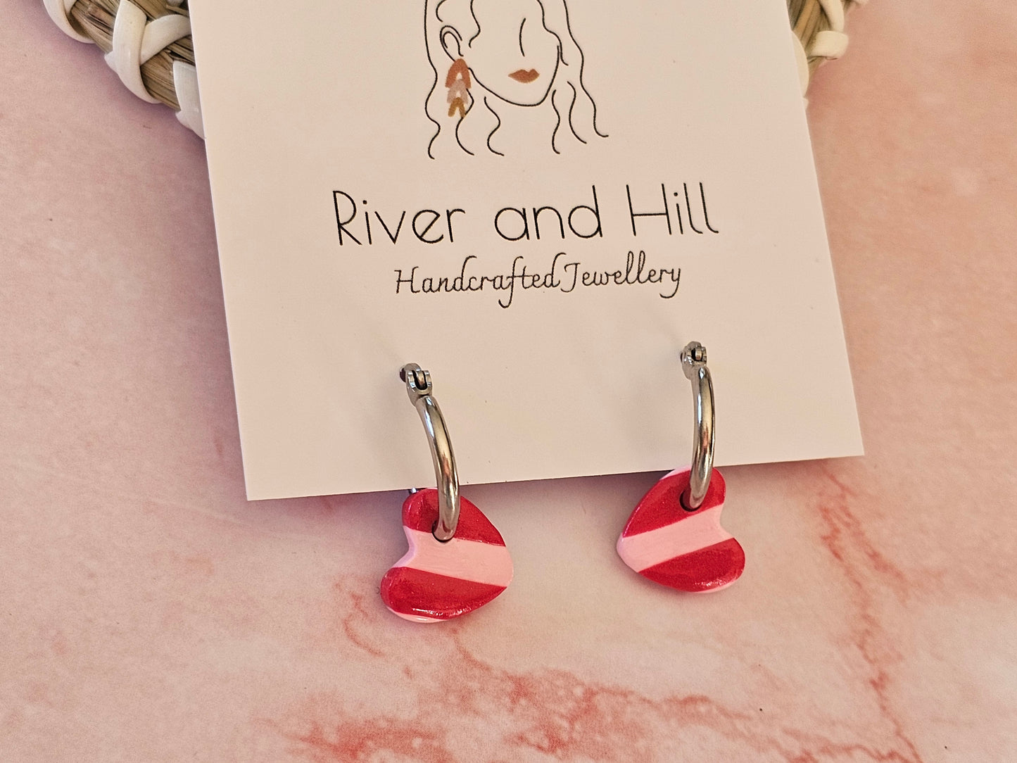 Striped Hoop Heart Earrings Pink and Red