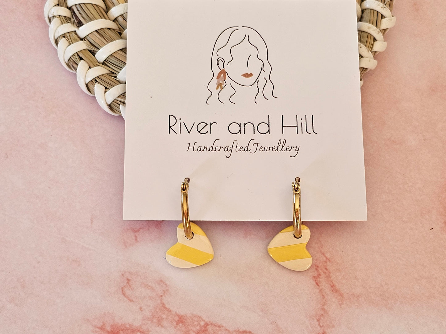 Striped Hoop Heart Earrings Yellow